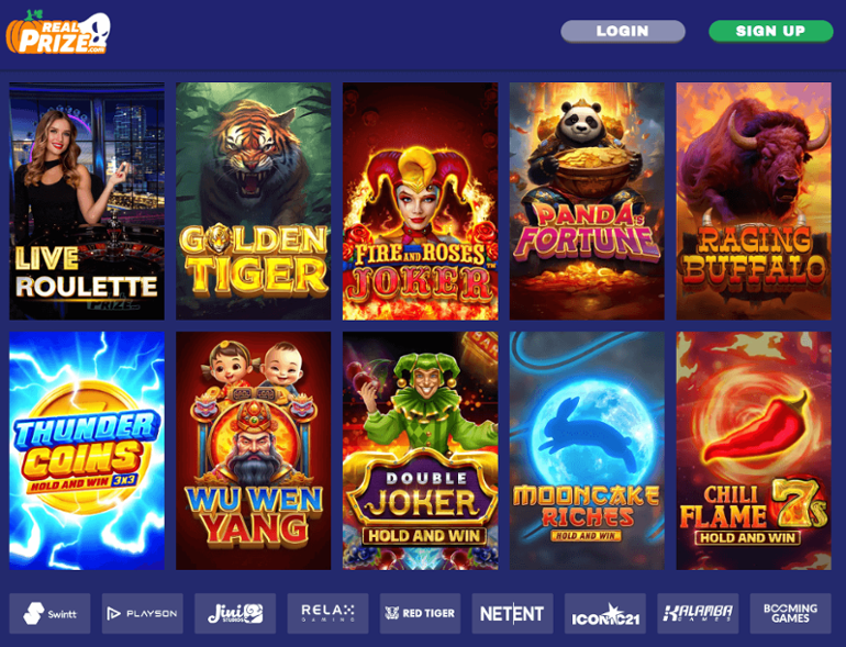 RealPrize Casino homepage with top live and slot games banners.